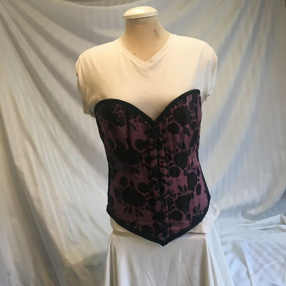 Brocade Reversible Blue Purple Steel Boned Waist Training Shaper Corset Sz Lg - Picture 4 of 16